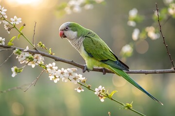 Monk Parakeet perched gracefully on a delicate branch. The bird's feathers are captured in sharp focus, showcasing their vibrant hues and intricate textures