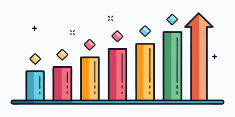 Obraz premium Colorful bar graph trending upwards with an arrow. Represents growth, progress, success, and positive market trends.