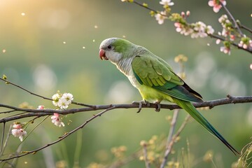 Monk Parakeet perched gracefully on a delicate branch. The bird's feathers are captured in sharp focus, showcasing their vibrant hues and intricate textures