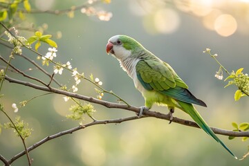 Monk Parakeet perched gracefully on a delicate branch. The bird's feathers are captured in sharp focus, showcasing their vibrant hues and intricate textures