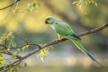 Indian Ringneck Parakeet perched gracefully on a delicate branch. The bird's feathers are captured in sharp focus