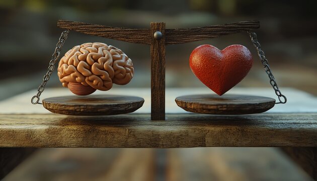 A symbolic wooden balance scale with a brain and heart perfectly balanced, representing the union of logic and emotion, tranquil atmosphere, soft textures, 4K realism