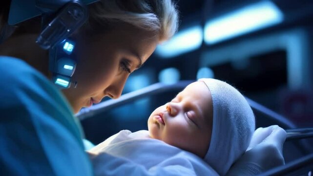 Robotic woman holding newborn baby. Futuristic motherhood in post apocalyptic world or on alien planet. Artificial insemination, incubators. Concept of futuristic technology, love and family