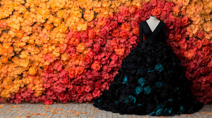 stunning black gown adorned with teal flowers stands against vibrant rose wall, showcasing blend of orange and red hues. elegant design captures whimsical and fantastical essence