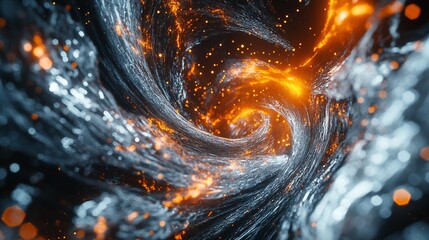 Abstract swirling vortex with glowing orange particles and textured silver surface
