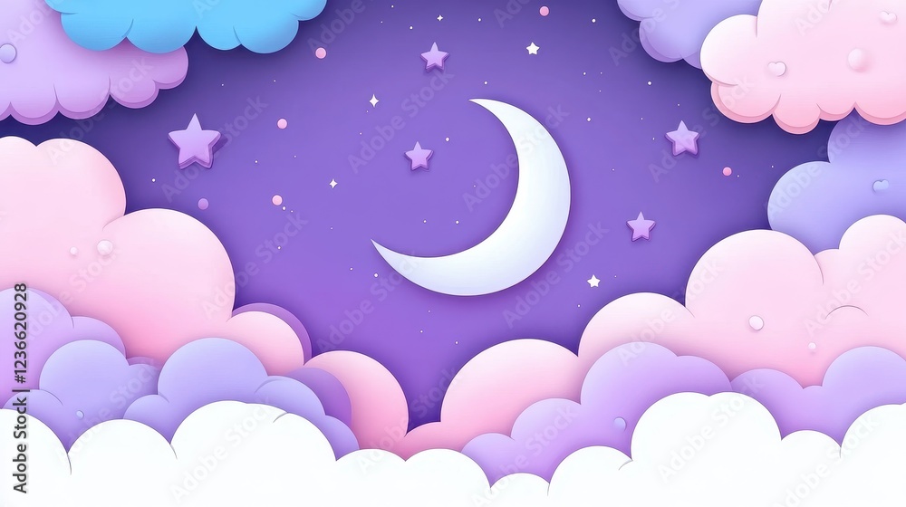 Canvas Prints dreamy crescent moon surrounded by soft clouds and stars in sky