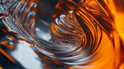 Abstract fluid texture with orange and gray waves, glossy futuristic surface