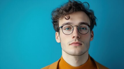Fototapeta premium A thoughtful young man with glasses against a bright blue backdrop.
