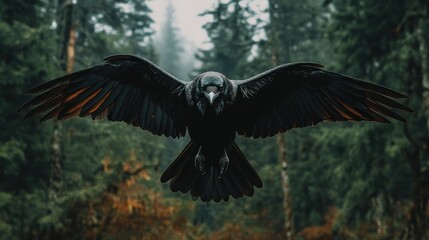 Naklejka premium Majestic Raven in Flight: A Dark and Mysterious Forest Scene