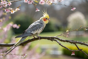 Obraz premium Cockatiel perched gracefully on a delicate branch. The bird's feathers are captured in sharp focus, showcasing their vibrant hues and intricate textures.