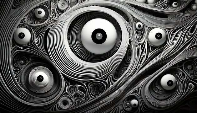 a surreal abstract black and white image with intricate swirling patterns organic shapes and multiple eyes and faces emerging from the chaotic composition