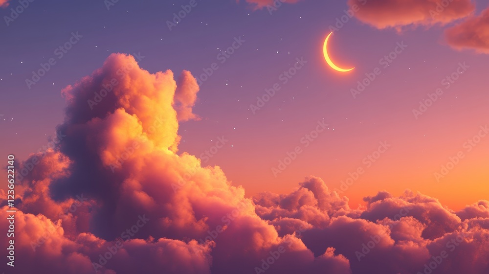 Canvas Prints glowing heart-shaped cloud under a twilight sky with a crescent moon