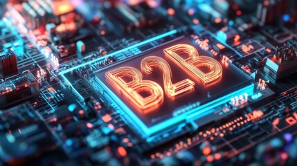 "B2B" in a sleek font over a background of a digital marketplace for businesses, showcasing various industry sectors