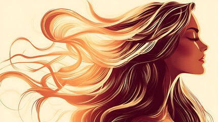 Side profile of a woman with long, flowing hair, styled in warm tones.