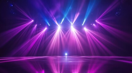 Fototapeta premium Vivid Purple and Blue Stage Lighting Beams Illuminate Empty Stage