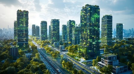 Obraz premium Futuristic Eco Friendly Smart City with Connected Digital Infrastructure