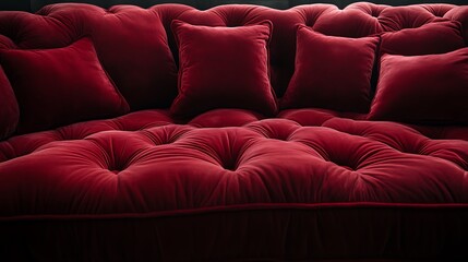Luxurious Red Velvet Sofa With Plush Pillows