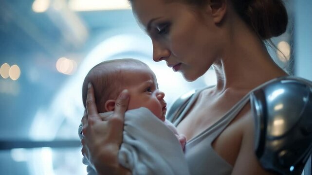 Robotic woman holding newborn baby. Futuristic motherhood in post apocalyptic world or on alien planet. Artificial insemination, incubators. Concept of futuristic technology, love and family