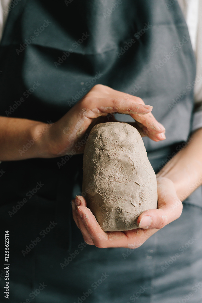 Leinwandbilder process of creating ceramic products. potter holds a piece of wet clay in their hands, molds it into