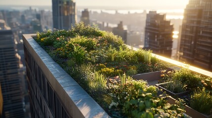 Rewilded Rooftop Garden on a City Skyscraper Featuring Native Plants