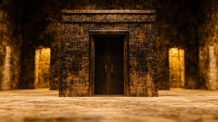Fototapeta premium Ancient temple with ornate carvings and dark wooden doors, illuminated by warm light. atmosphere evokes mystery and history, inviting exploration