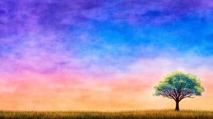 Fototapeta premium vibrant sunset sky with purple, blue, and orange hues surrounds solitary tree in grassy field, creating serene and peaceful atmosphere
