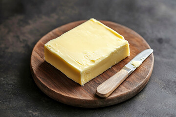 Butter on a wooden round on a chopping board