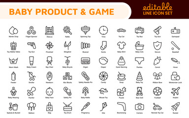 Baby Product and Game Icon Set. A charming collection of icons designed for parents and caregivers, perfect for websites, apps, and marketing materials focused on baby products and playful learning.