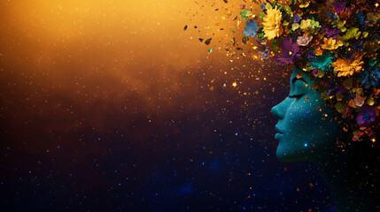 Obraz premium surreal illustration of woman profile adorned with colorful flowers, set against cosmic background. vibrant colors evoke sense of wonder and imagination