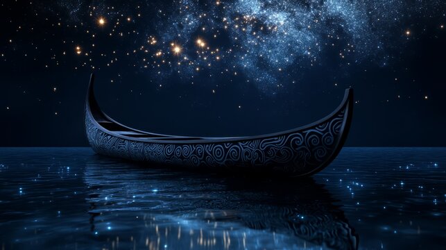 Guided by the Matariki stars, the traditional Maori canoe navigates the tranquil night waters