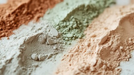 Close-up of four different colored clay powders, arranged in parallel lines, showcasing texture and color variations.