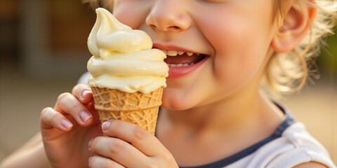Sweet summer treat! A child joyfully enjoys a creamy vanilla ice cream cone on a sunny day. Pure delight!