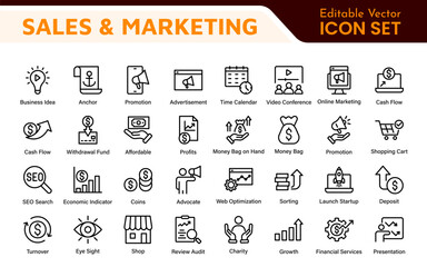 Sales and Marketing Icon Set. A dynamic collection of icons designed to enhance branding, promotions, and customer engagement, perfect for marketing materials and business applications.