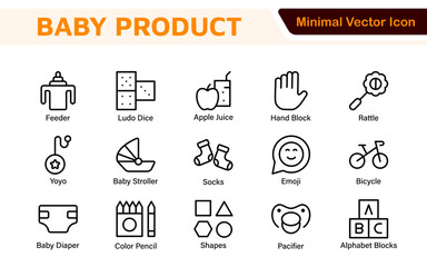 Baby Product and Game Icon Set. A charming collection of icons designed for parents and caregivers, perfect for websites, apps, and marketing materials focused on baby products and playful learning.