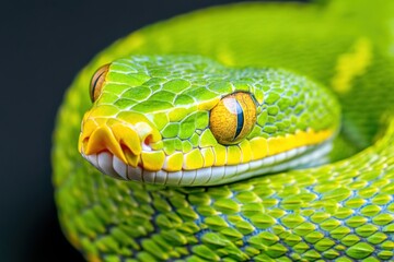Fototapeta premium Close-up view of an emerald green snake displaying intricate scales on a dark background creating an exotic and dramatic effect