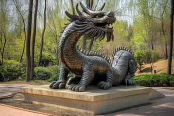 Bronze dragon statue in park, trees background; Asian culture, tourism.
