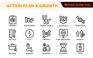 Line icons about action plan. Contains such icons as search strategy, target, scheme, timeline and workflow.Action plan set of web icons in line style. Strategy action planning icons.