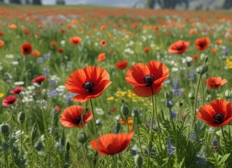 Naklejka premium Red poppy blooms with other wildflowers in a meadow, nature photography, botanical garden, clear blue sky