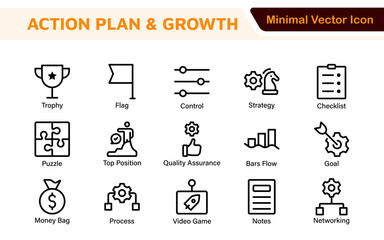 Line icons about action plan. Contains such icons as search strategy, target, scheme, timeline and workflow.Action plan set of web icons in line style. Strategy action planning icons.