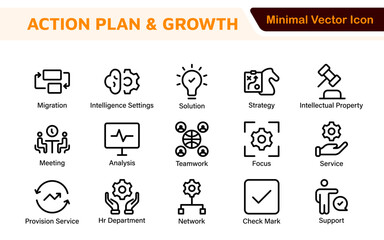 Line icons about action plan. Contains such icons as search strategy, target, scheme, timeline and workflow.Action plan set of web icons in line style. Strategy action planning icons.