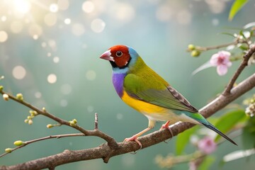 Obraz premium Gouldian Finch perched gracefully on a delicate branch.