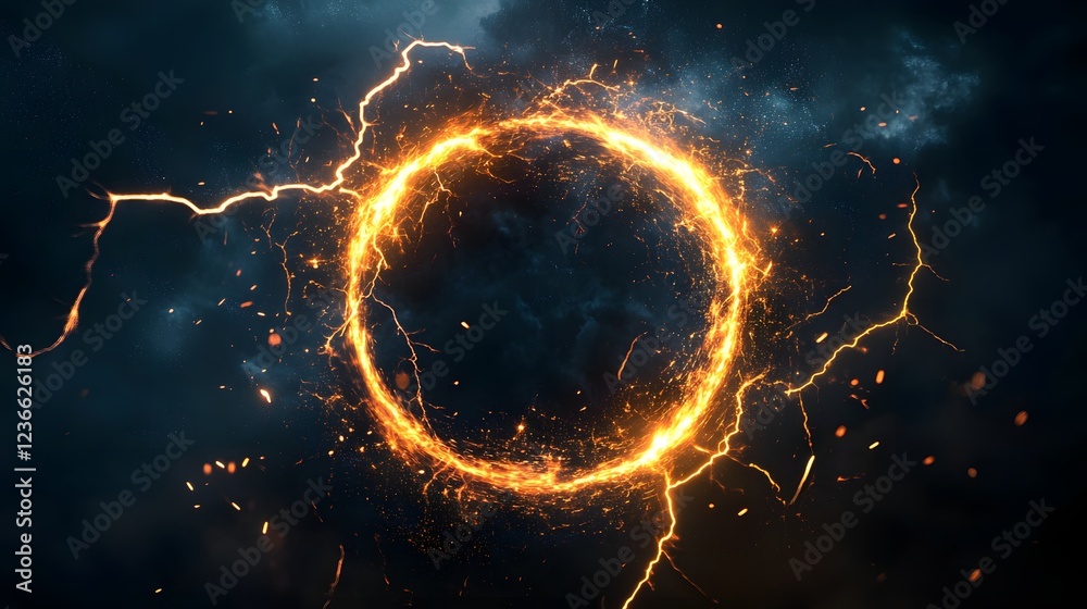 Wall mural Fiery Ring Encircled By Lightning Bolts In Dark Sky