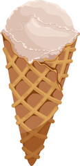 Vector illustration of ice cream in a waffle cone. Ice cream with a white scoop isolated on a white background, idea for a poster, postcard, t-shirt. print, advertising, sweet, food,