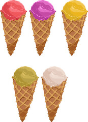 Vector illustration of ice cream in a waffle cone. Ice cream with a white scoop isolated on a white background, idea for a poster, postcard, t-shirt. print, advertising, sweet, food, set