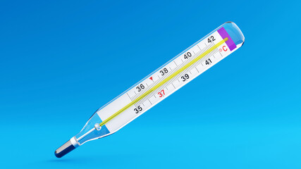 thermometer on a bright blue background. glass medical device for measuring human temperature. 3D illustration