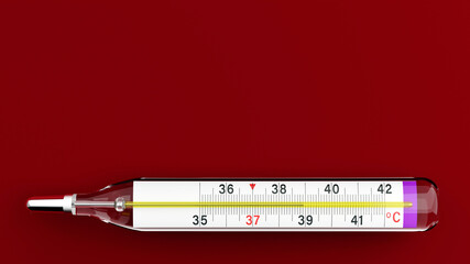Glass mercury thermometer for measuring human body temperature. Red background. Medicine and health