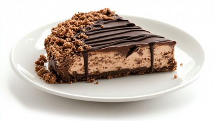 A deconstructed chocolate cheesecake dessert, with layers of cocoa crumble, rich filling, and chocolate drizzle, isolated on a gourmet white plate