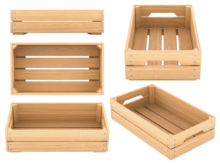 Empty wooden crates, different views and angles. 3D rendering isolated on transparent background