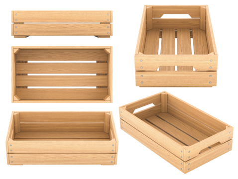 Empty wooden crates, different views and angles. 3D rendering isolated on transparent background