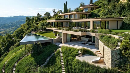 Hillside villa with cascading terraces a cantilevered infinity pool and lush greenery The house blends seamlessly into the surrounding rolling hills